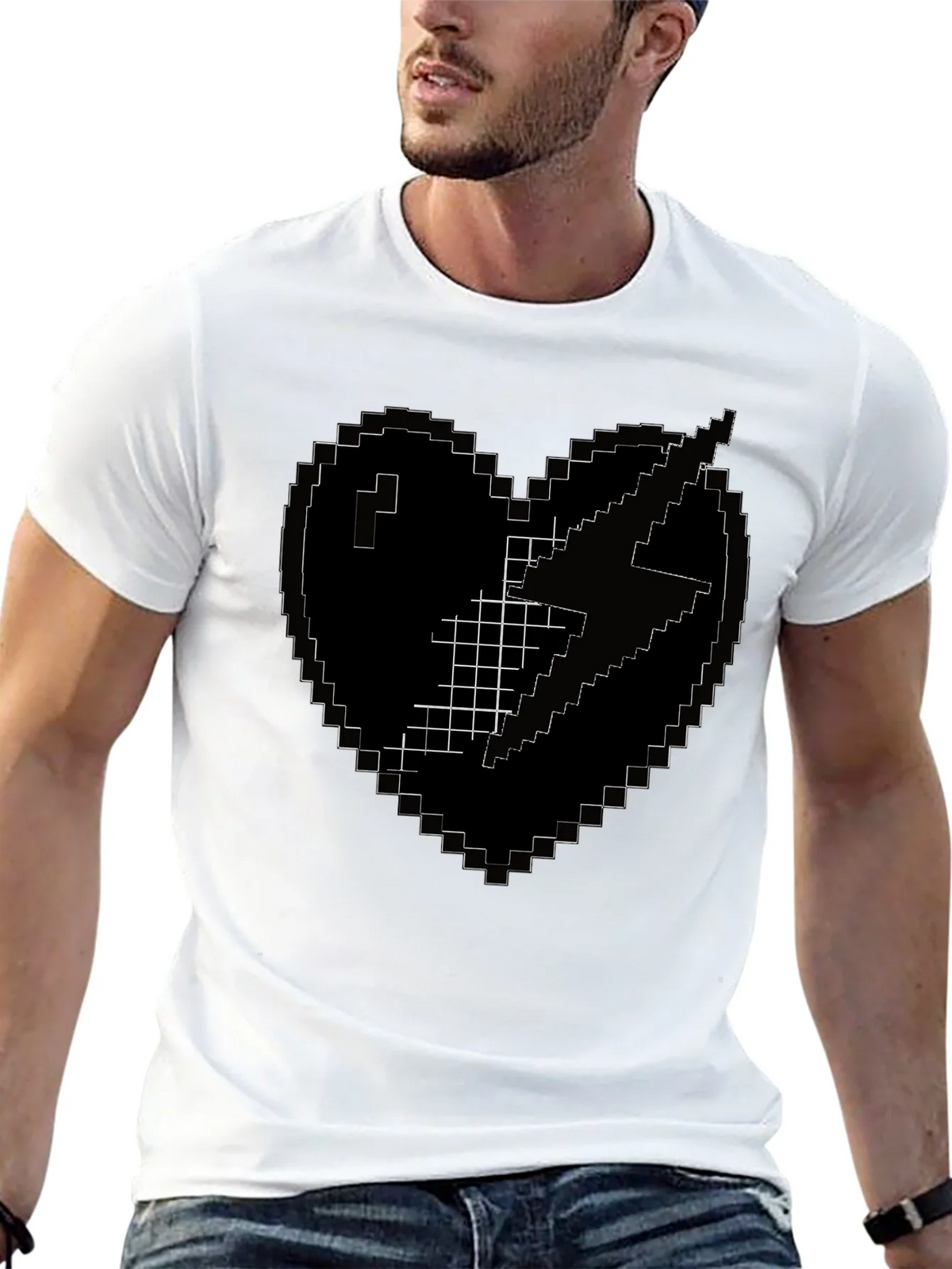 Pixel Heart Lightning Bolt Black T-Shirt