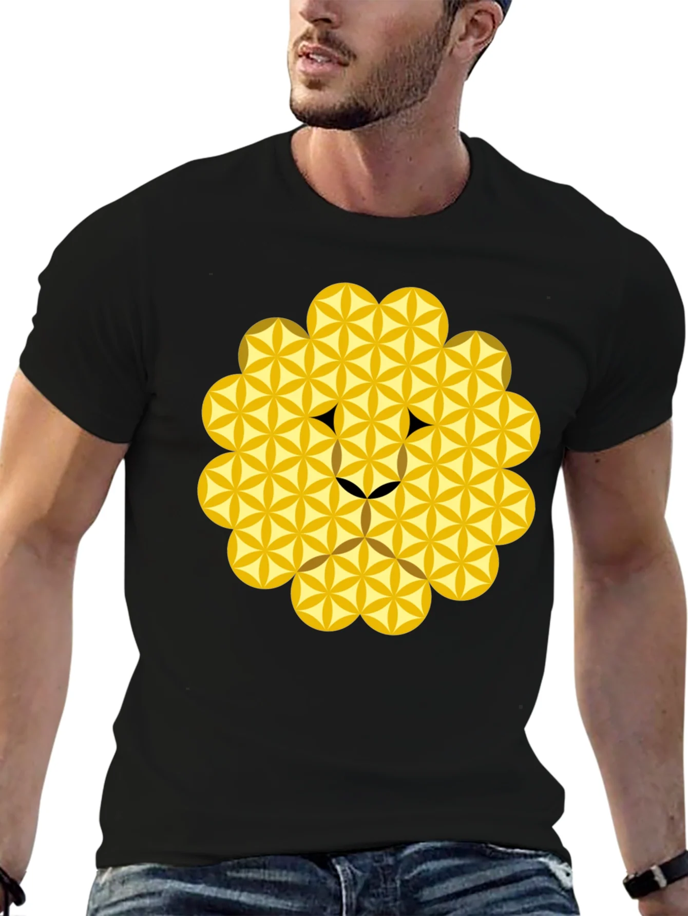 Geometric Flower of Life Lion Head Black T-Shirt