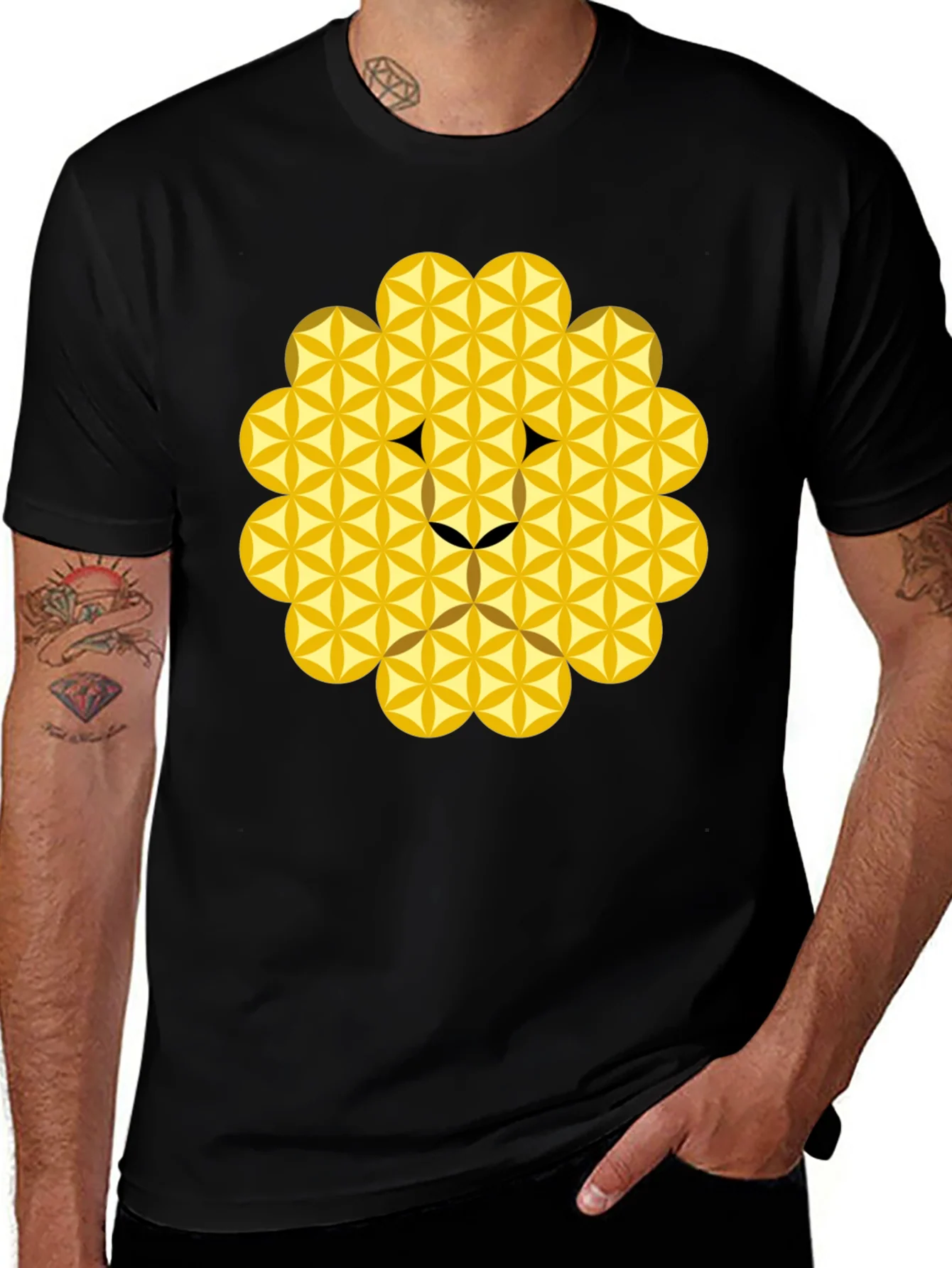 Geometric Flower of Life Lion Head Black T-Shirt