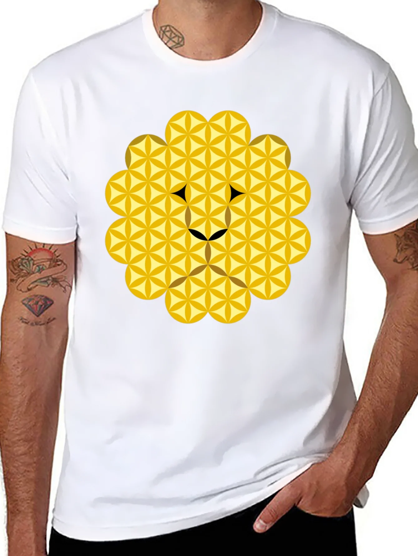 Geometric Flower of Life Lion Head Black T-Shirt