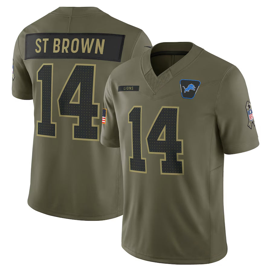 D.Lions #14 Amon-Ra St. Brown Player Olive Salute to Service Limited Football Jerseys