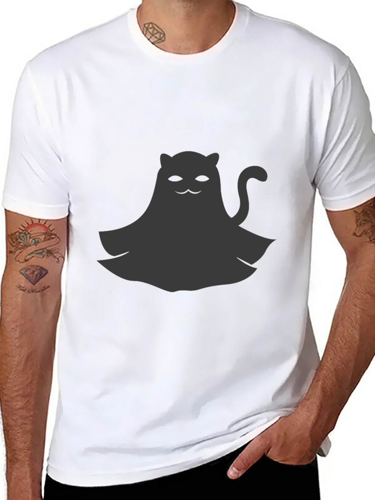 Cute Ghost Cat Graphic Tee - Black