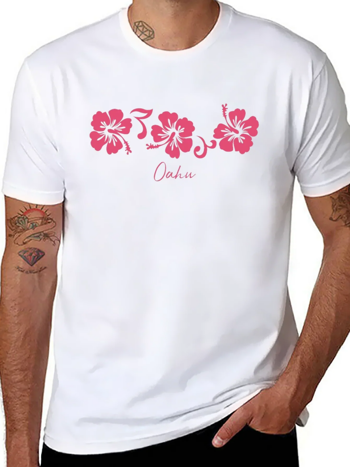 Oahu Pink Hibiscus Flower Graphic Black T-Shirt