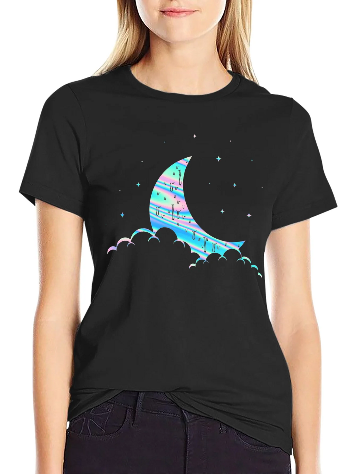 Dreamy Moon Graphic Tee - Black Cotton Blend