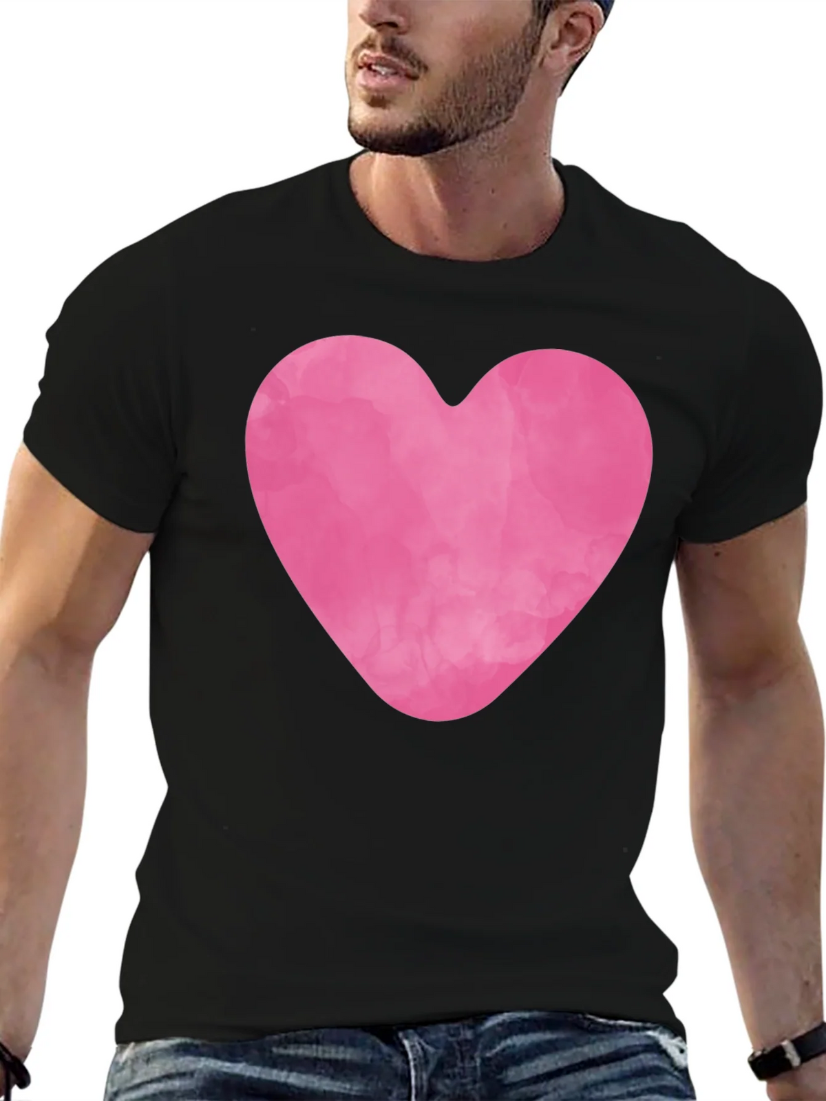 Pink Heart Graphic Black Tee