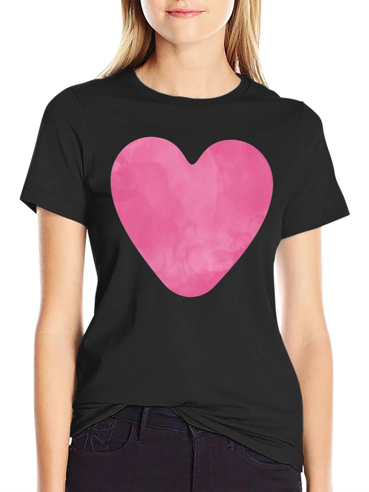 Pink Heart Graphic Black Tee