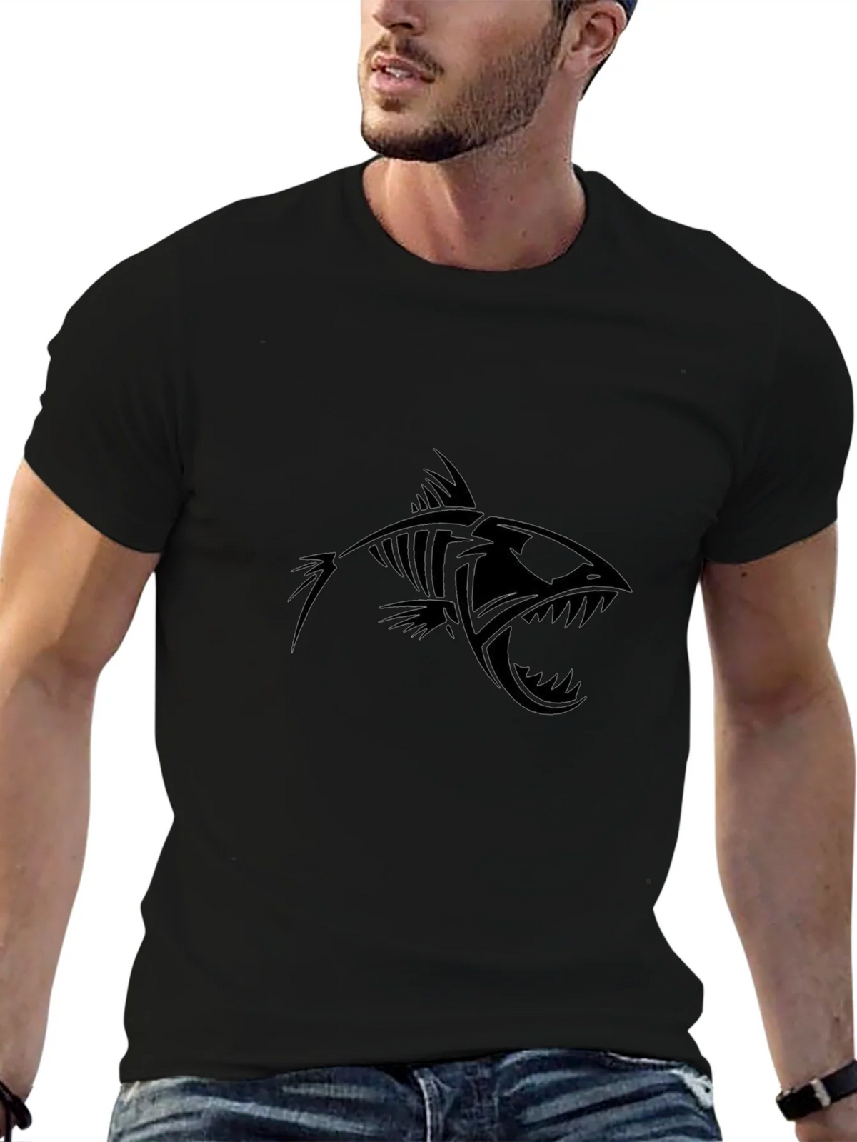 Edgy Fish Skeleton Graphic Black T-Shirt