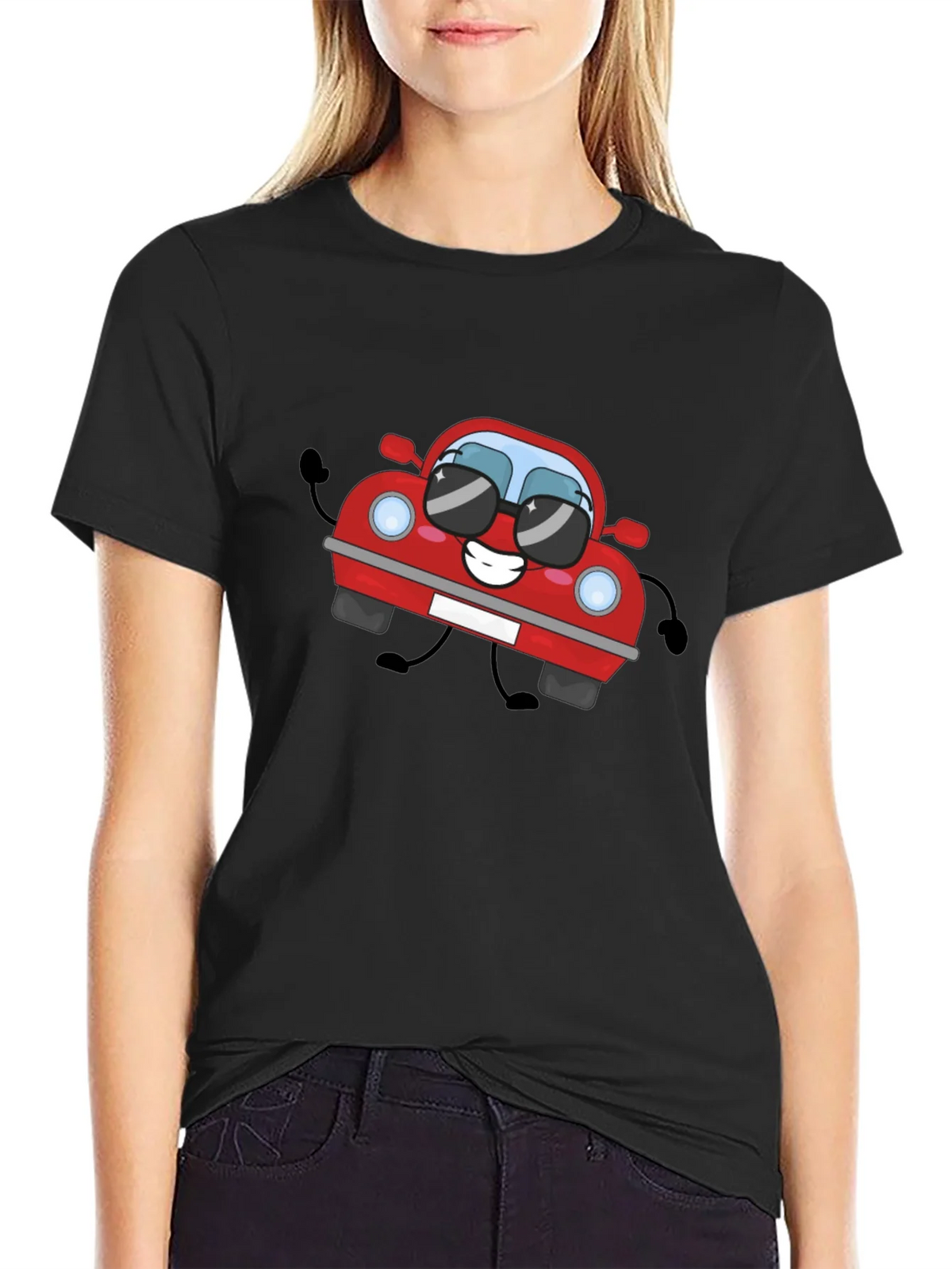 Cartoon Car Graphic T-Shirt - Black Cotton Tee