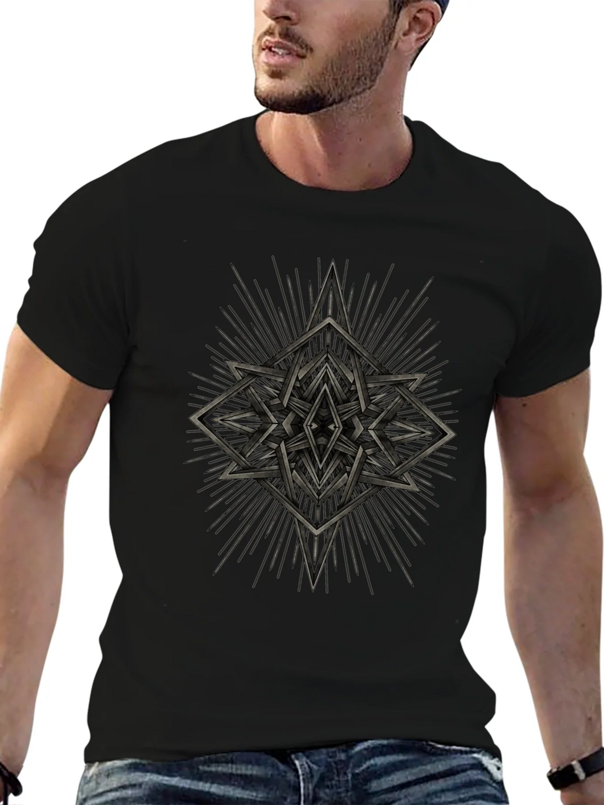 Geometric Starburst Graphic Tee - Black