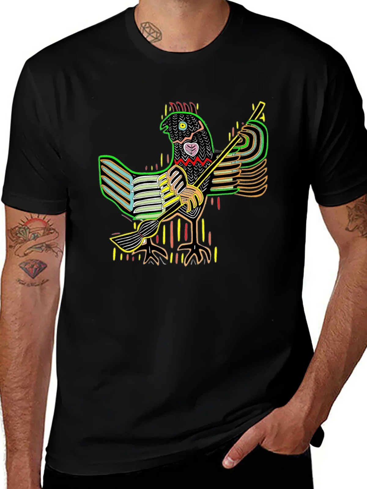 Vibrant Folk Art Chicken Graphic Tee - Black