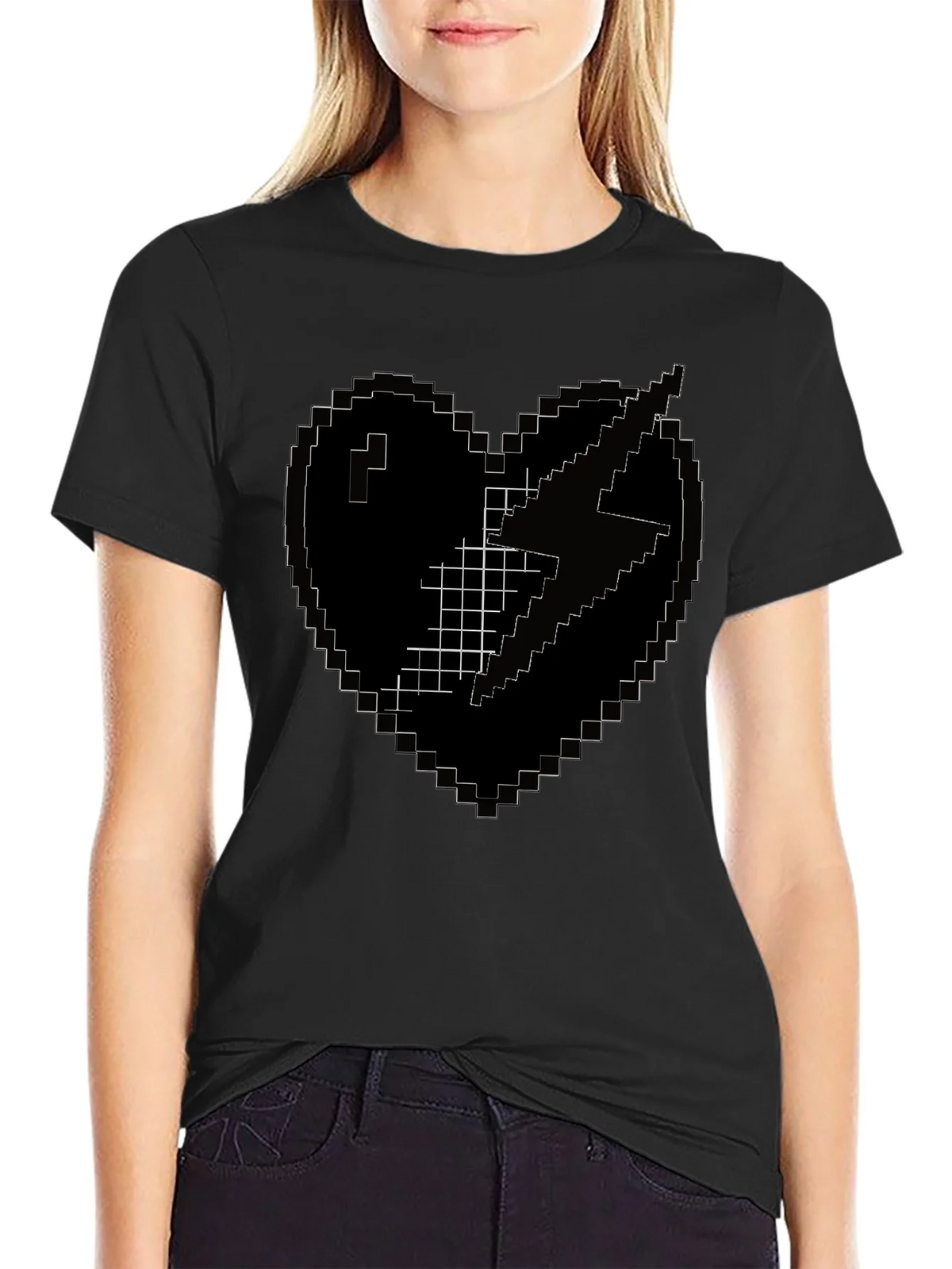 Pixel Heart Lightning Bolt Black T-Shirt
