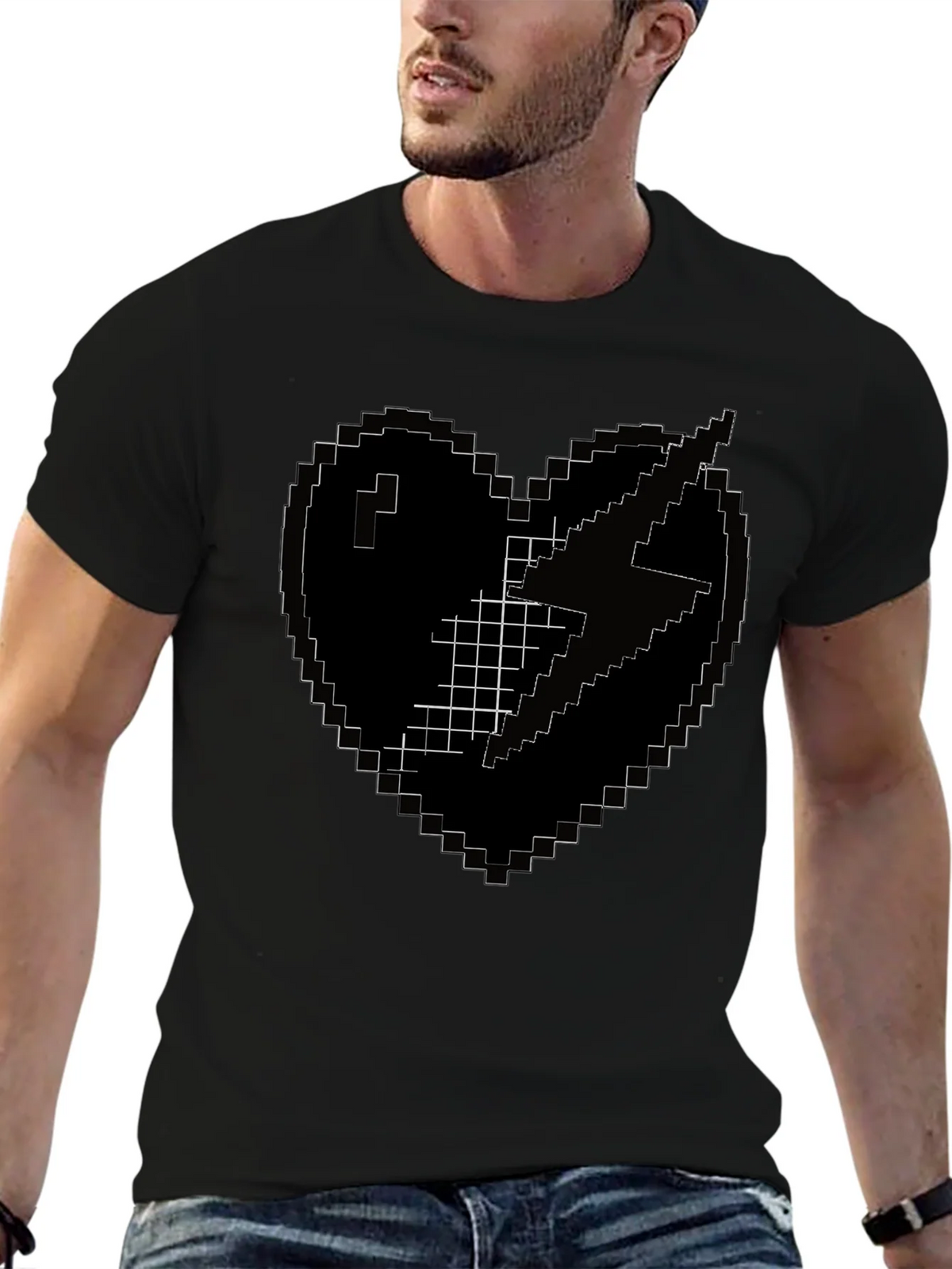 Pixel Heart Lightning Bolt Black T-Shirt