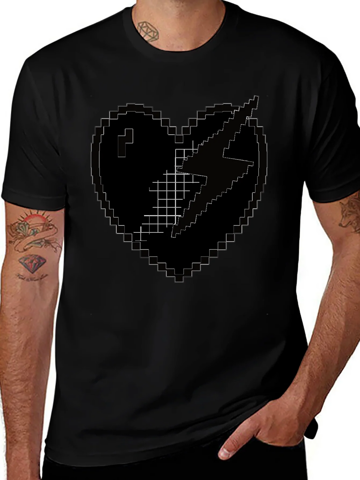 Pixel Heart Lightning Bolt Black T-Shirt