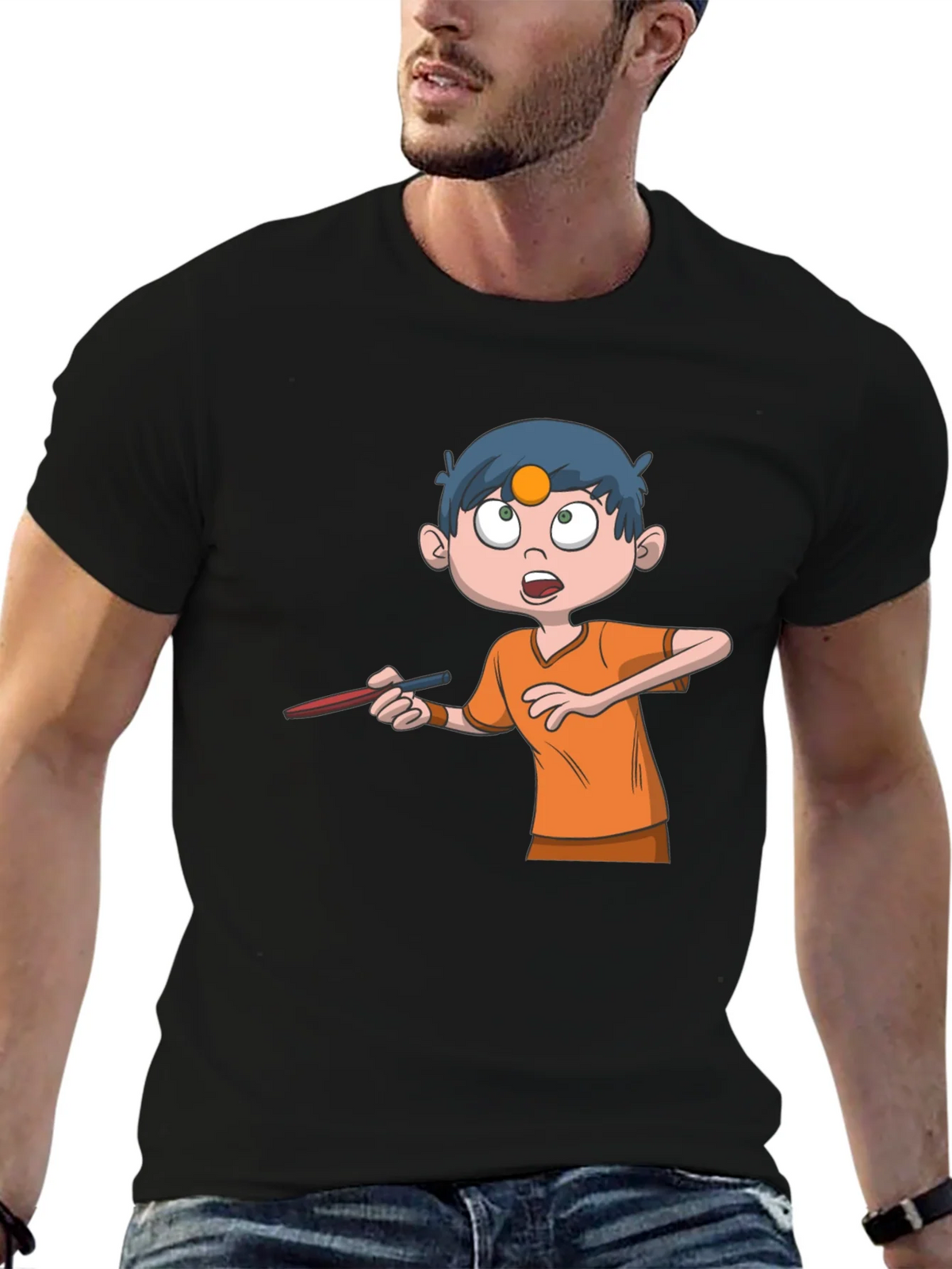 Cartoon Boy Graphic Tee - Black Cotton T-Shirt