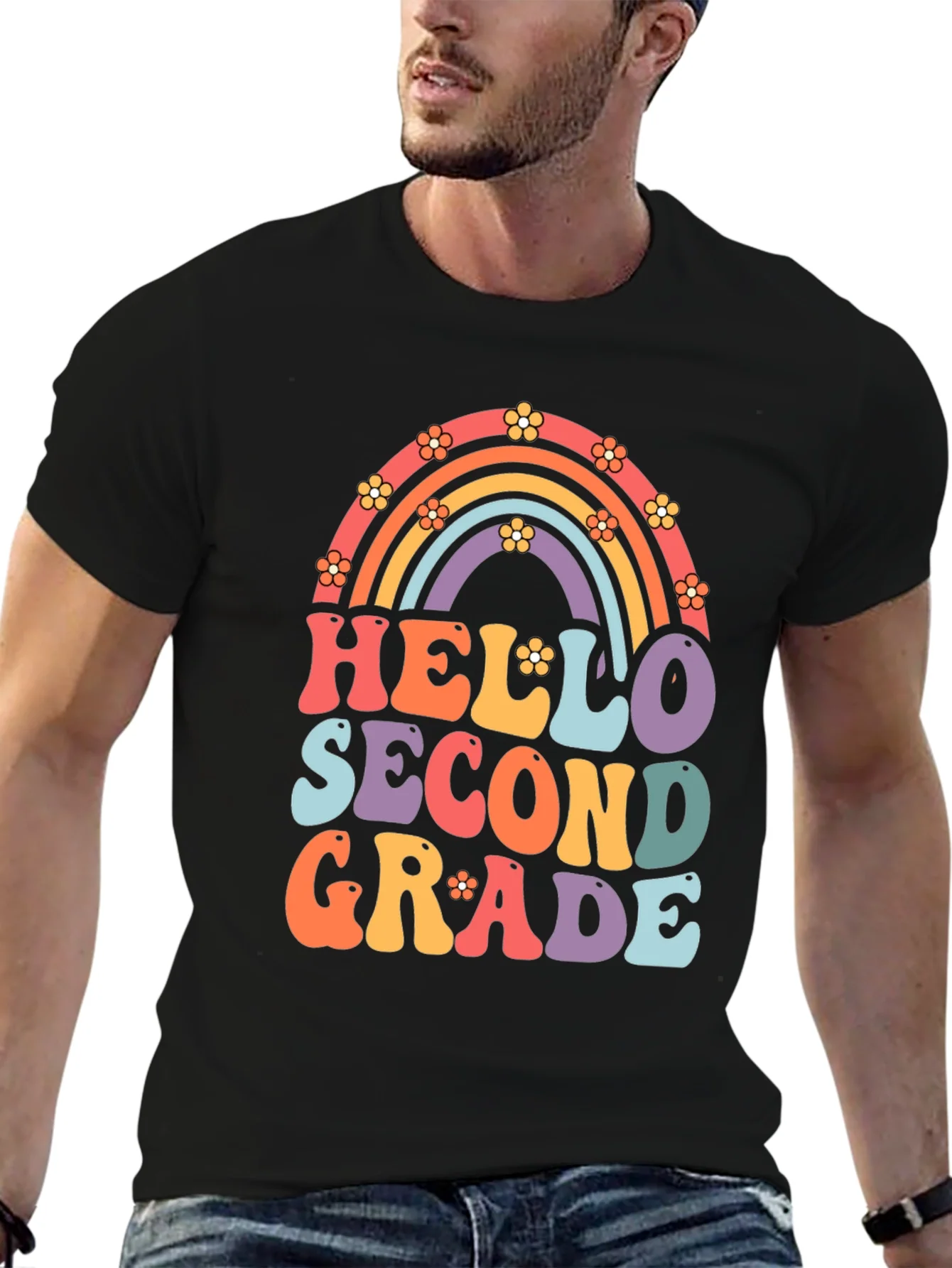 Hello Second Grade Retro Rainbow Shirt